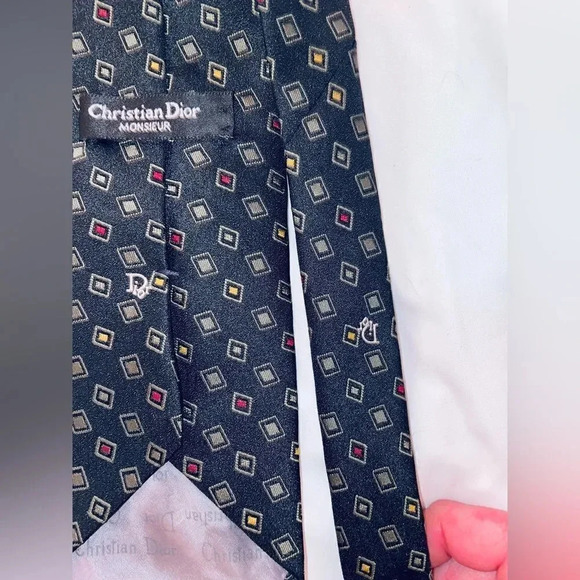 CHRISTIAN DIOR MONSIEUR VINTAGE BLUE DECO TIE POLYESTER/SILK BLEND - Picture 4 of 8